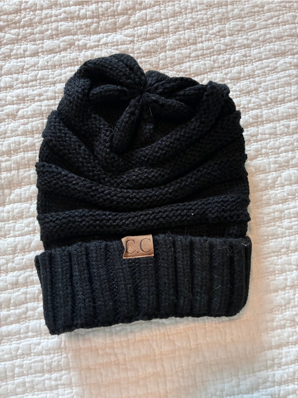 C.C Black Knit Pom Beanie with CC Leather Tag